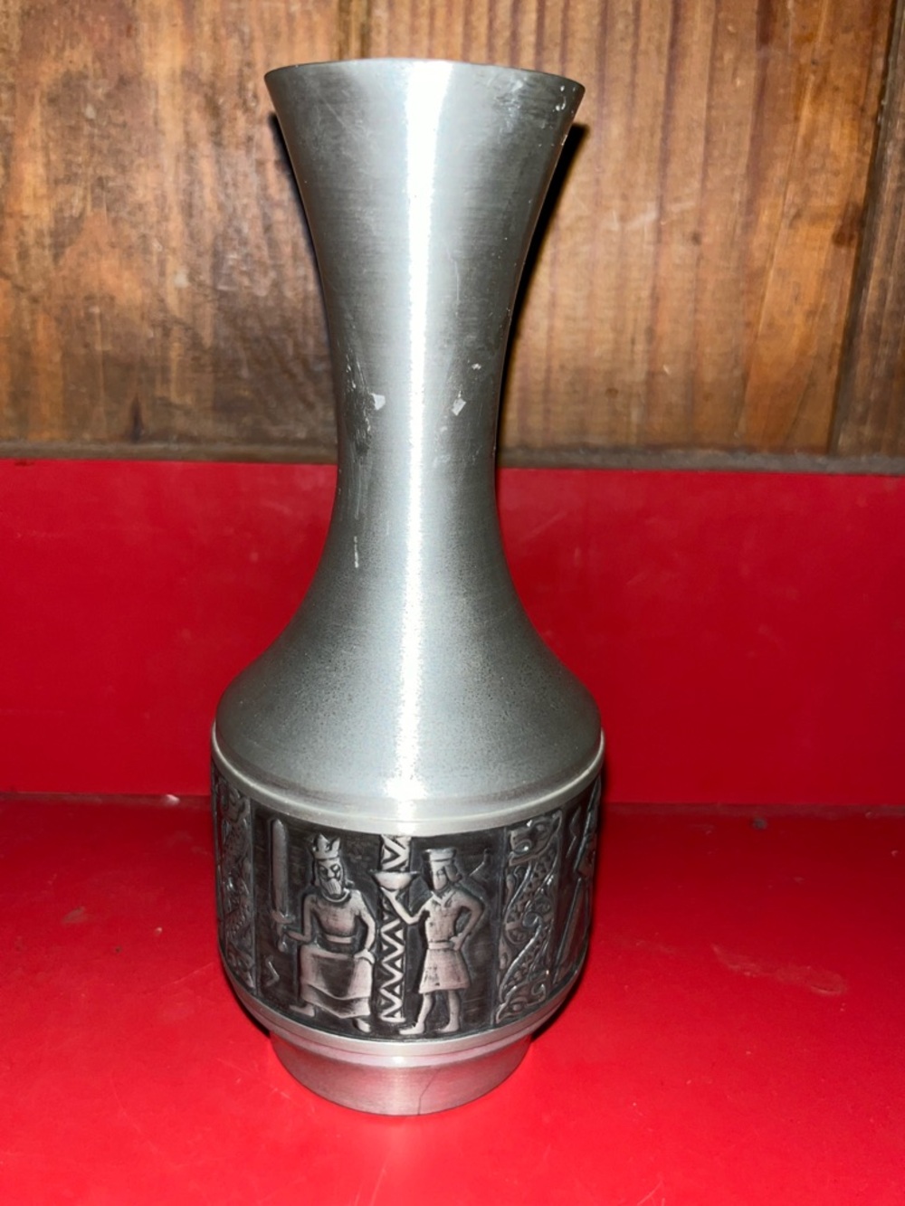 Vintage Norway Pewter Bud Vase #27 - Viking King Scene - Scandinavian Tinn